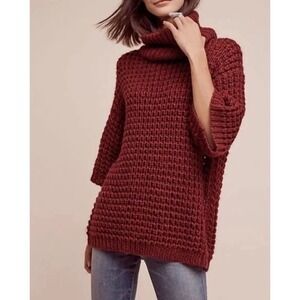 Anthropologie Plenty by Tracy Reese Burgundy Textured Knit Turtleneck 3/4 Sleeve